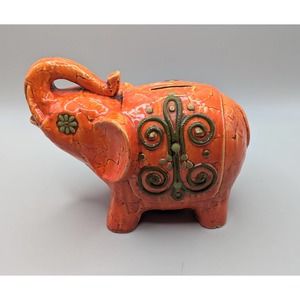 Vintage Fitz & Floyd orange green elephant coin bank piggy bank w/rubber stopper